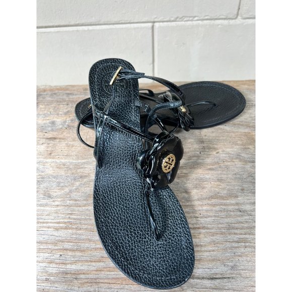 TORY BURCH Reva Logo Flower Blossom Logo Thong Wedge Sandals Breely 8 - Picture 2 of 10
